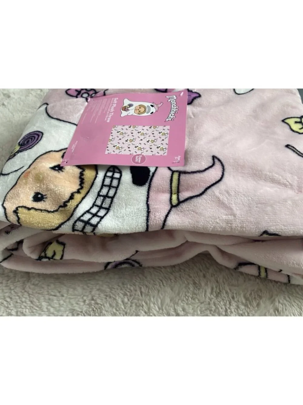 Halloween Candy Ghost Monchhichi Pink Soft Plush Throw Blanket 50” X 70” NEW
